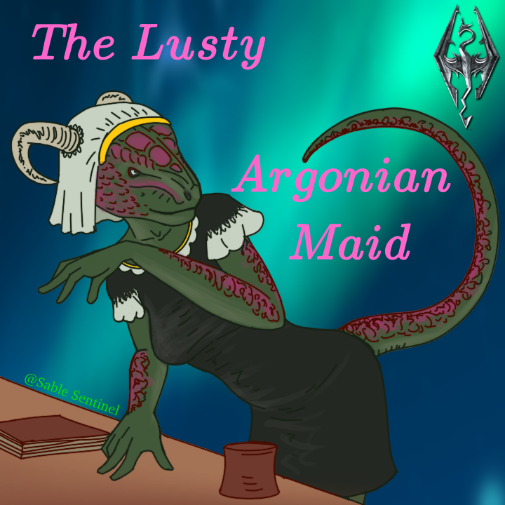 an argonian with green skin and purple scales dressed in a maid outfit
